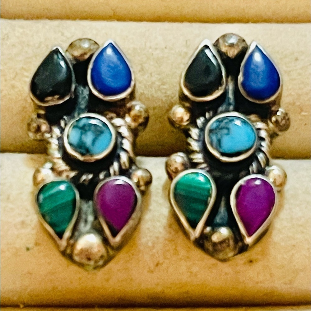 VTG Southwest Sterling Mexico Turquoise onyx Malachite lapis lazuli earrings